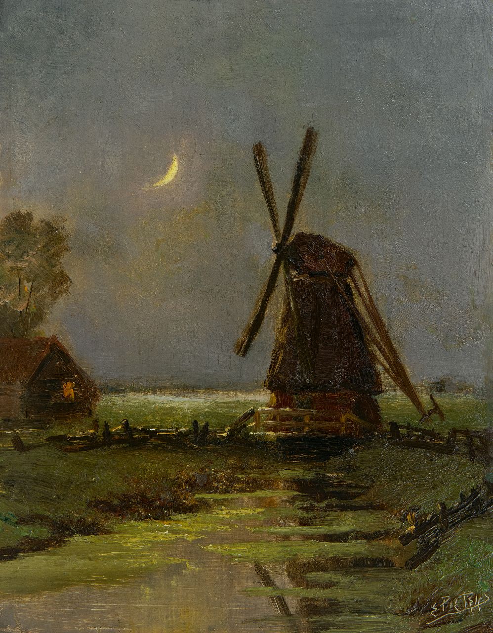 Pieters E.  | Evert Pieters | Paintings offered for sale | Windmill at night, oil on panel 24.6 x 19.0 cm, signed l.r.