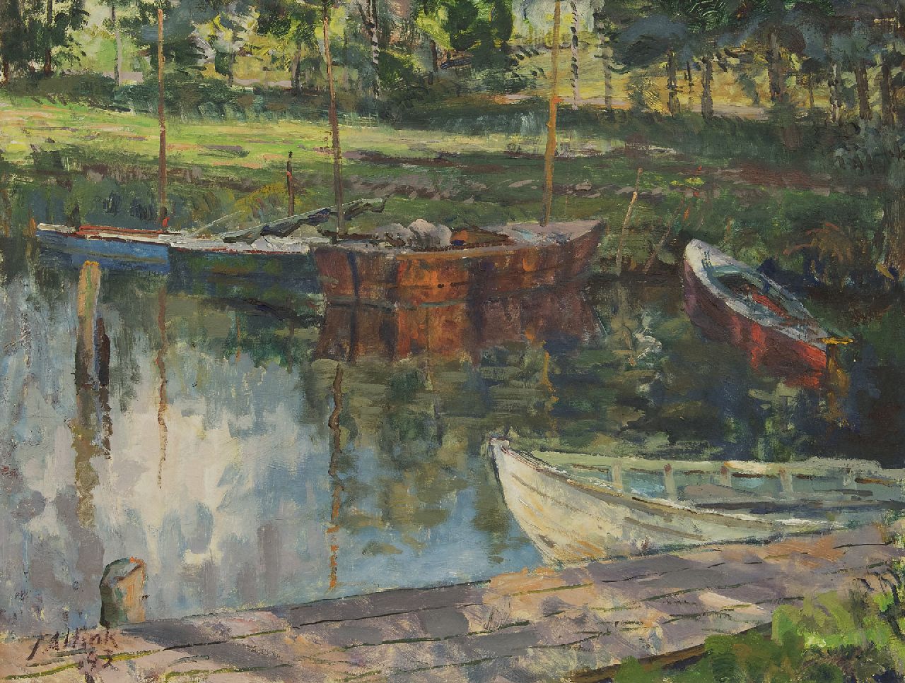 Altink J.  | Jan Altink, Sailing boats moored along the Paterswoldsemeer, oil on canvas 60.8 x 80.6 cm, signed l.l. and dated '43