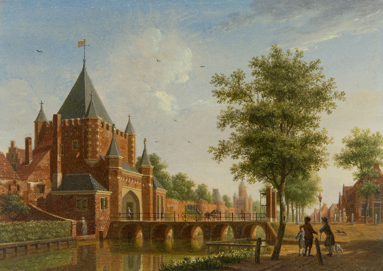 Ouwater I.  | Isaac Ouwater | Paintings offered for sale | View of the city gate Grote Houtpoort in Haarlem, oil on panel 13.8 x 19.6 cm, signed l.r. with monogram and (prijs is per pendant, verkoop alleen tezamen)