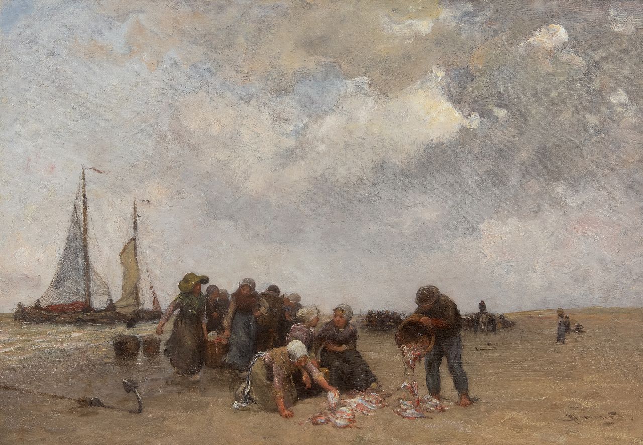 Blommers B.J.  | Bernardus Johannes 'Bernard' Blommers, Selling fish on the beach of Scheveningen, oil on canvas 39.5 x 58.0 cm, signed l.r.