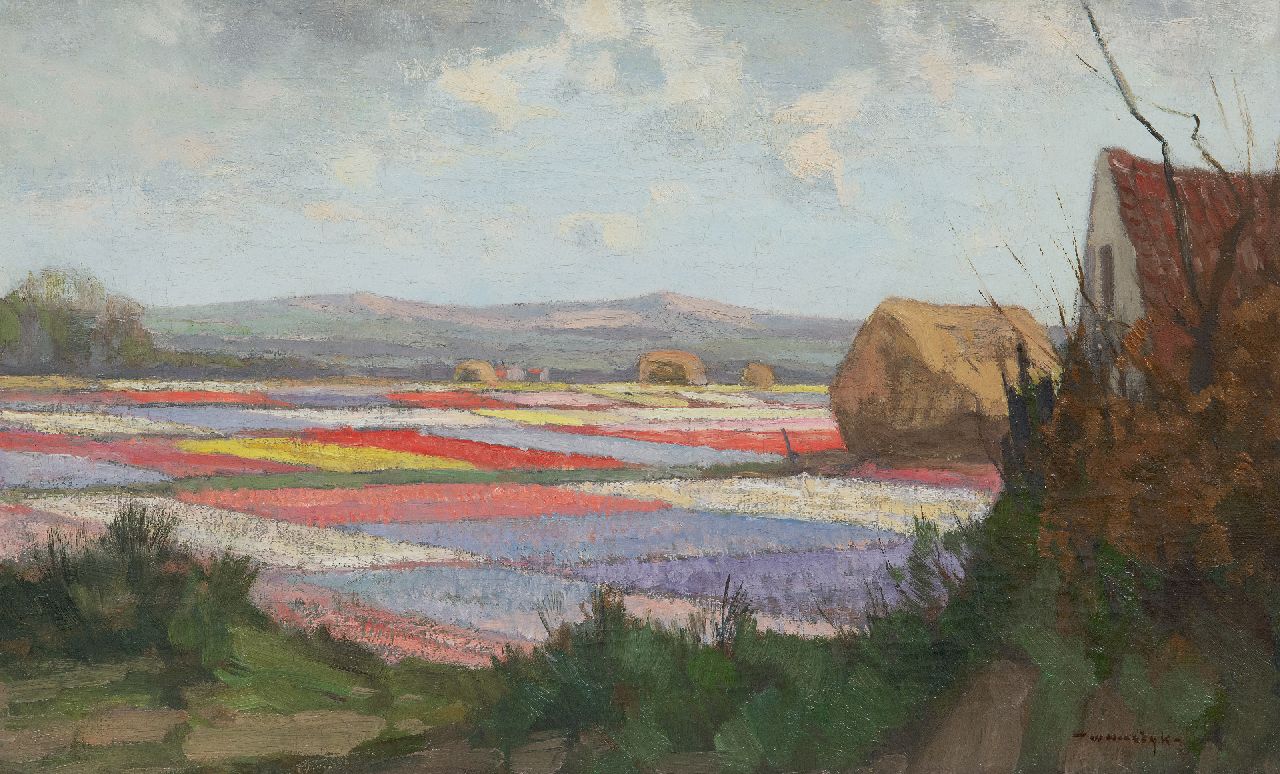 Noordijk W.F.  | 'Willem' Frederik Noordijk, Bulb fields behind the dunes, oil on canvas 30.7 x 50.2 cm, signed l.r.