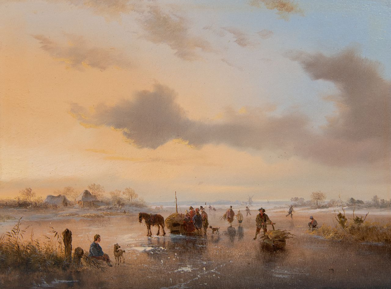 Kruseman F.M.  | Frederik Marinus Kruseman, A frozen river with figures and sledges, oil on panel 24.3 x 32.7 cm, circa 1841-1845