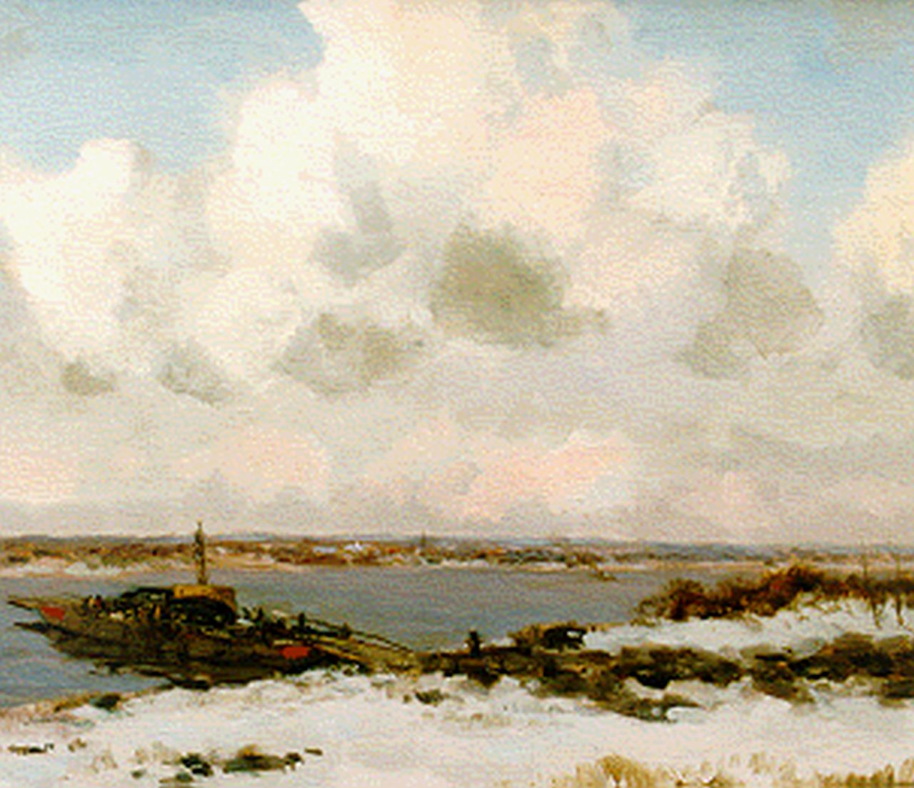 Jansen W.G.F.  | 'Willem' George Frederik Jansen, A ferry in winter, oil on canvas 60.5 x 90.5 cm, signed u.l.