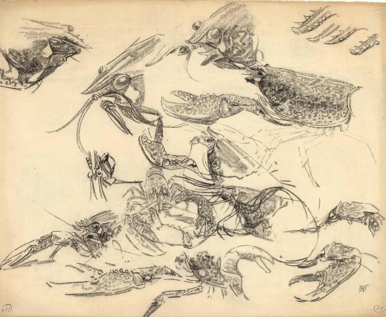 Dijsselhof G.W.  | Gerrit Willem Dijsselhof | Watercolours and drawings offered for sale | Study of lobsters and crayfish, black chalk on paper 34.4 x 42.5 cm, signed l.r. with monogram
