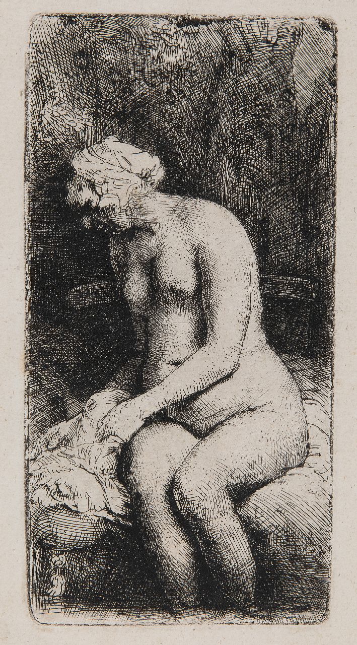 Rembrandt (Rembrandt Harmensz. van Rijn)   | Rembrandt (Rembrandt Harmensz. van Rijn), Woman bathing her feet in a brook, etching 16.1 x 8.1 cm, signed u.l. (in the plate) and dated 1658 (in the plate)