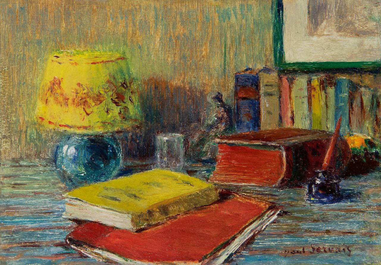 Gervais P.J.L.  | Paul Jean Louis Gervais, Stillife with books and lamp, oil on panel 10.1 x 14.3 cm, signed l.r.