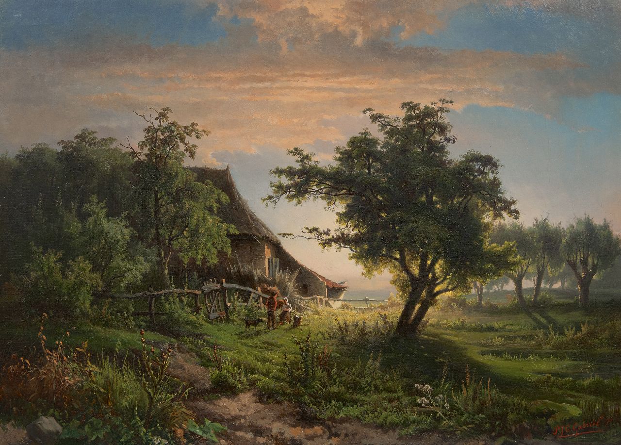 Gabriel P.J.C.  | Paul Joseph Constantin 'Constan(t)' Gabriel, Landscape with farm at sunset, oil on canvas 45.5 x 63.0 cm, signed l.r. and to be dated ca. 1855