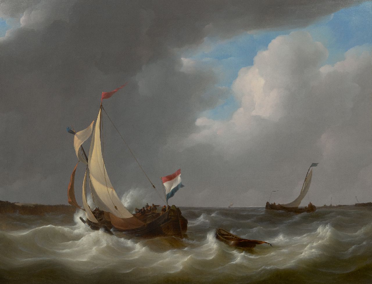 Schotel J.C.  | Johannes Christianus Schotel, Dutch boat on a choppy sea, oil on canvas 71.4 x 93.3 cm, signed l.l. and dated 1829