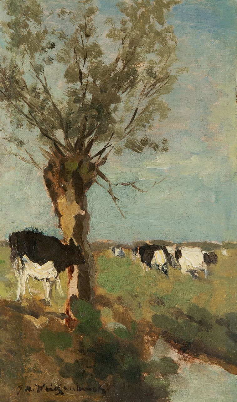 Weissenbruch H.J.  | Hendrik Johannes 'J.H.' Weissenbruch, Cows at a pollard willow, oil on canvas laid down on panel 32.1 x 19.1 cm, signed l.l. and painted ca. 1890