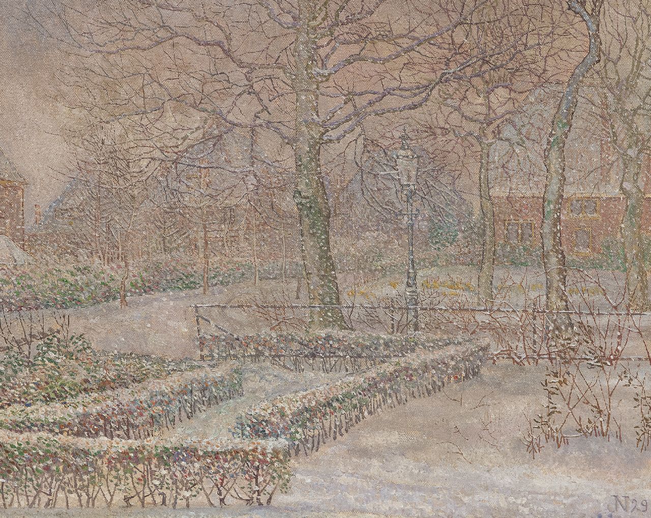 Nieweg J.  | Jakob Nieweg, The artist's snowy garden, Amersfoort, oil on canvas 40.5 x 50.5 cm, signed l.r. with monogram and dated '29
