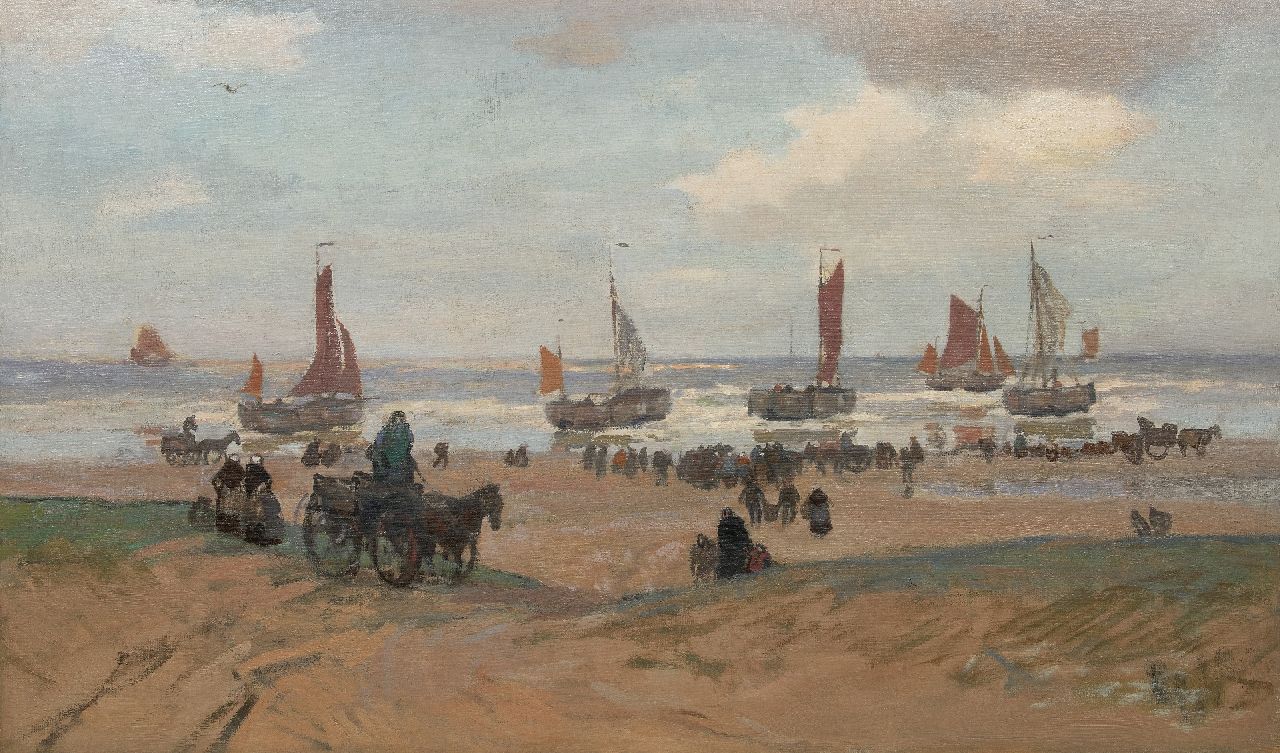 Sluiter J.W.  | Jan Willem 'Willy' Sluiter | Paintings offered for sale | Awaiting the catch at the beach of Katwijk aan Zee, oil on canvas 89.0 x 149.5 cm, signed on the stretcher and painted ca. 1898-1909