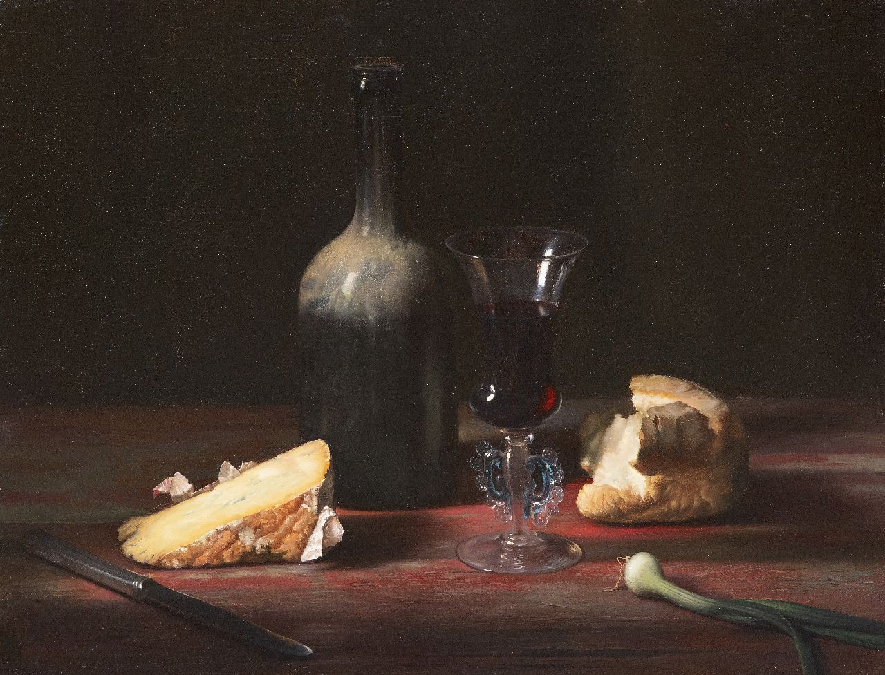 Eversen J.H.  | Johannes Hendrik 'Jan' Eversen | Paintings offered for sale | Still life with a glass of port and blue cheese, oil on canvas 41.0 x 51.0 cm, signed l.l. and datet 1958