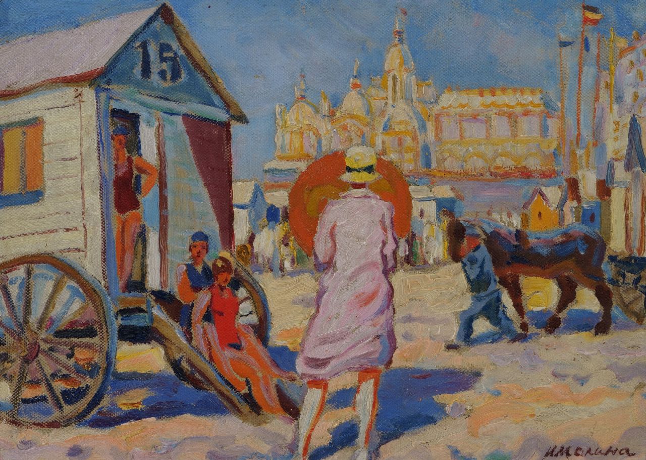 Belgische School, eerste helft 20e eeuw   | Belgische School, eerste helft 20e eeuw | Paintings offered for sale | Beach scene with bathers, oil on canvas laid down on panel 25.3 x 35.0 cm, signed l.r.
