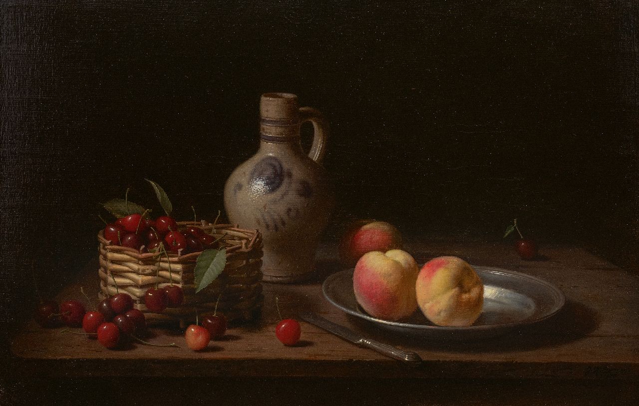 Eversen J.H.  | Johannes Hendrik 'Jan' Eversen | Paintings offered for sale | Still life with cherries in basket, jug and peaches, oil on canvas 40.8 x 61.0 cm, signed l.r. and dated 1973