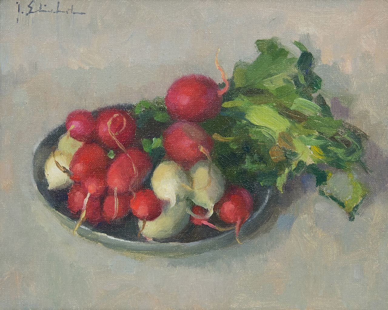 Stierhout J.A.U.  | Josephus Antonius Ubaldus 'Joop' Stierhout, Red and white radishes on a plate, oil on canvas 20.1 x 25.3 cm, signed u.l.