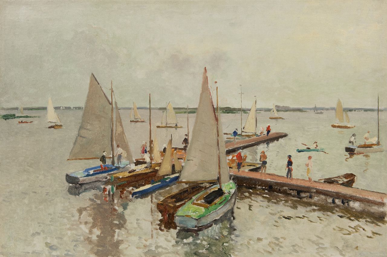 Vreedenburgh C.  | Cornelis Vreedenburgh, Docked sailing boats at the Loosdrechtse Plassen, oil on canvas 59.0 x 89.0 cm, signed l.r. (remains) and painted ca. 1937