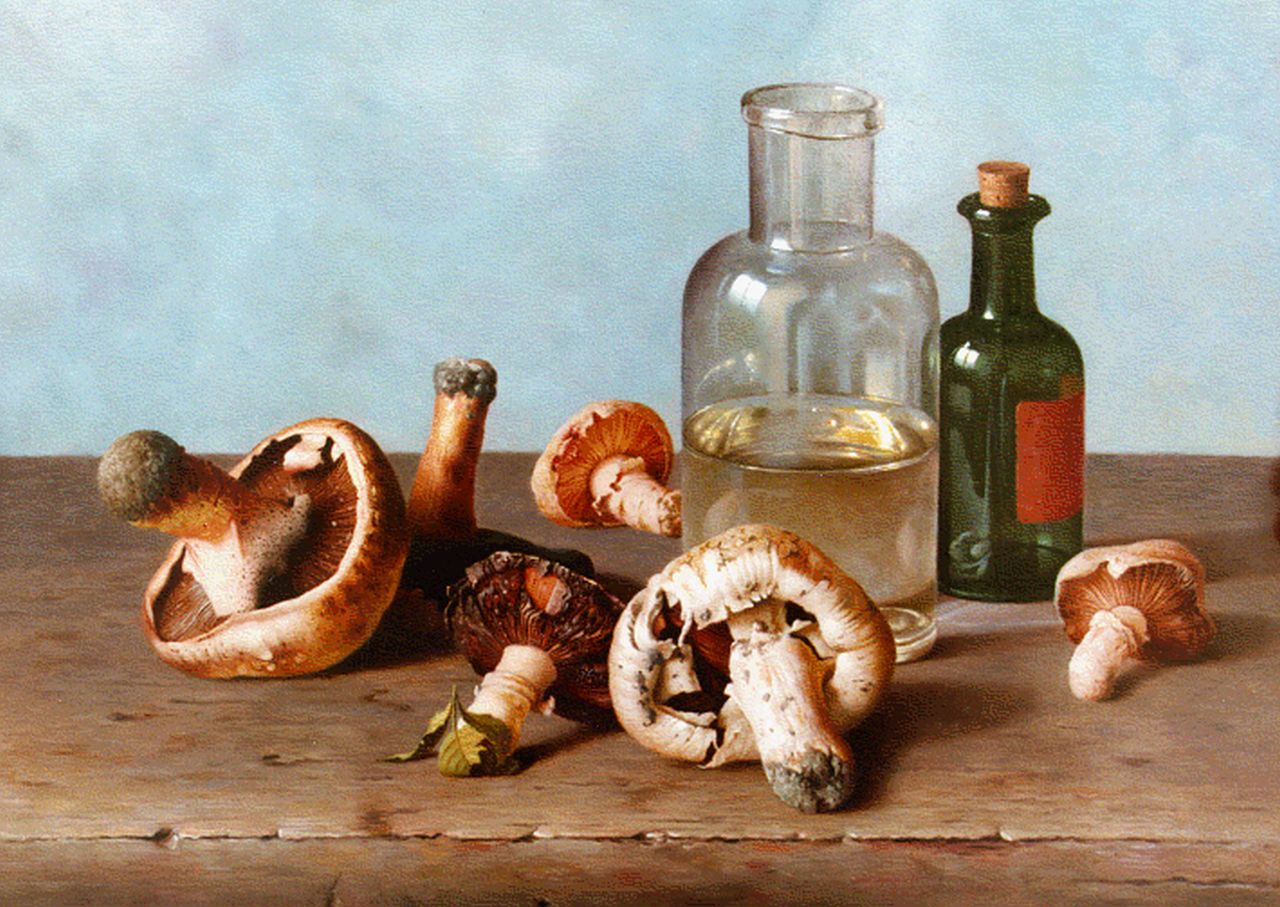 Bubarnik G.  | Gyula Bubarnik, Mushrooms and bottles on a marble ledge, oil on panel 32.8 x 40.8 cm, signed l.r.