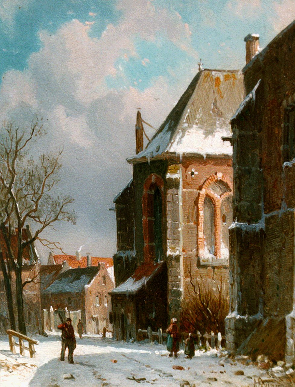 Eversen A.  | Adrianus Eversen, A snow-covered street, oil on panel 19.0 x 15.1 cm, signed l.r.