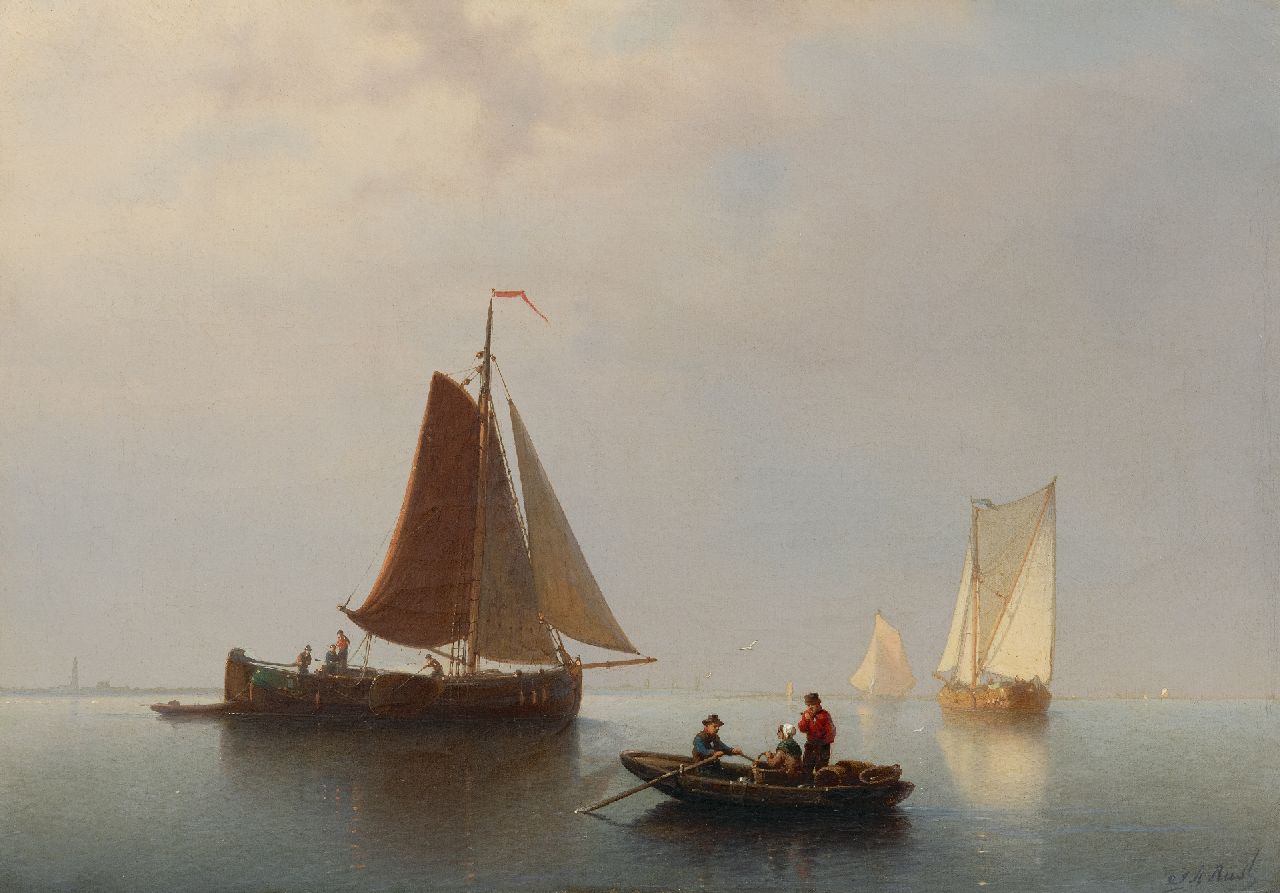 Rust J.A.  | Johan 'Adolph' Rust | Paintings offered for sale | Sailing ships on calm seas, oil on canvas 39.6 x 56.4 cm, signed l.r. and without frame