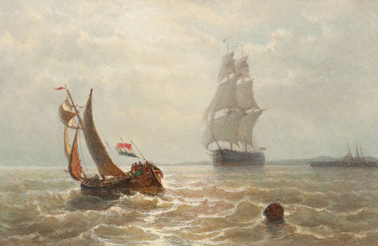 George Johannes Hoffmann | Leaving the harbour in a strong breeze, oil on panel, 32.7 x 49.9 cm, signed l.r.