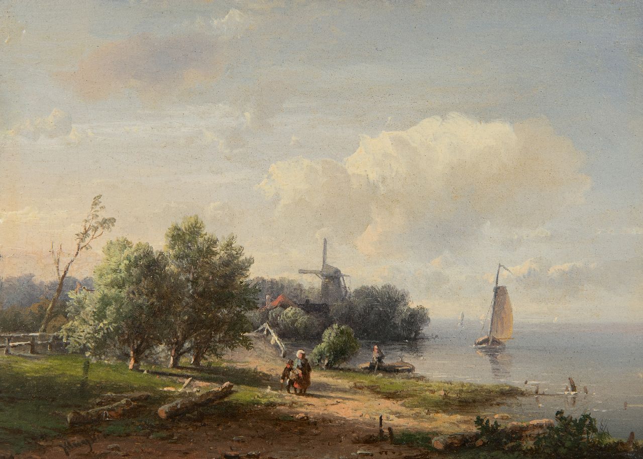 Kluyver P.L.F.  | 'Pieter' Lodewijk Francisco Kluyver | Paintings offered for sale | Summer landscape with figures and mill along the water, oil on panel 13.2 x 18.5 cm, signed l.l.