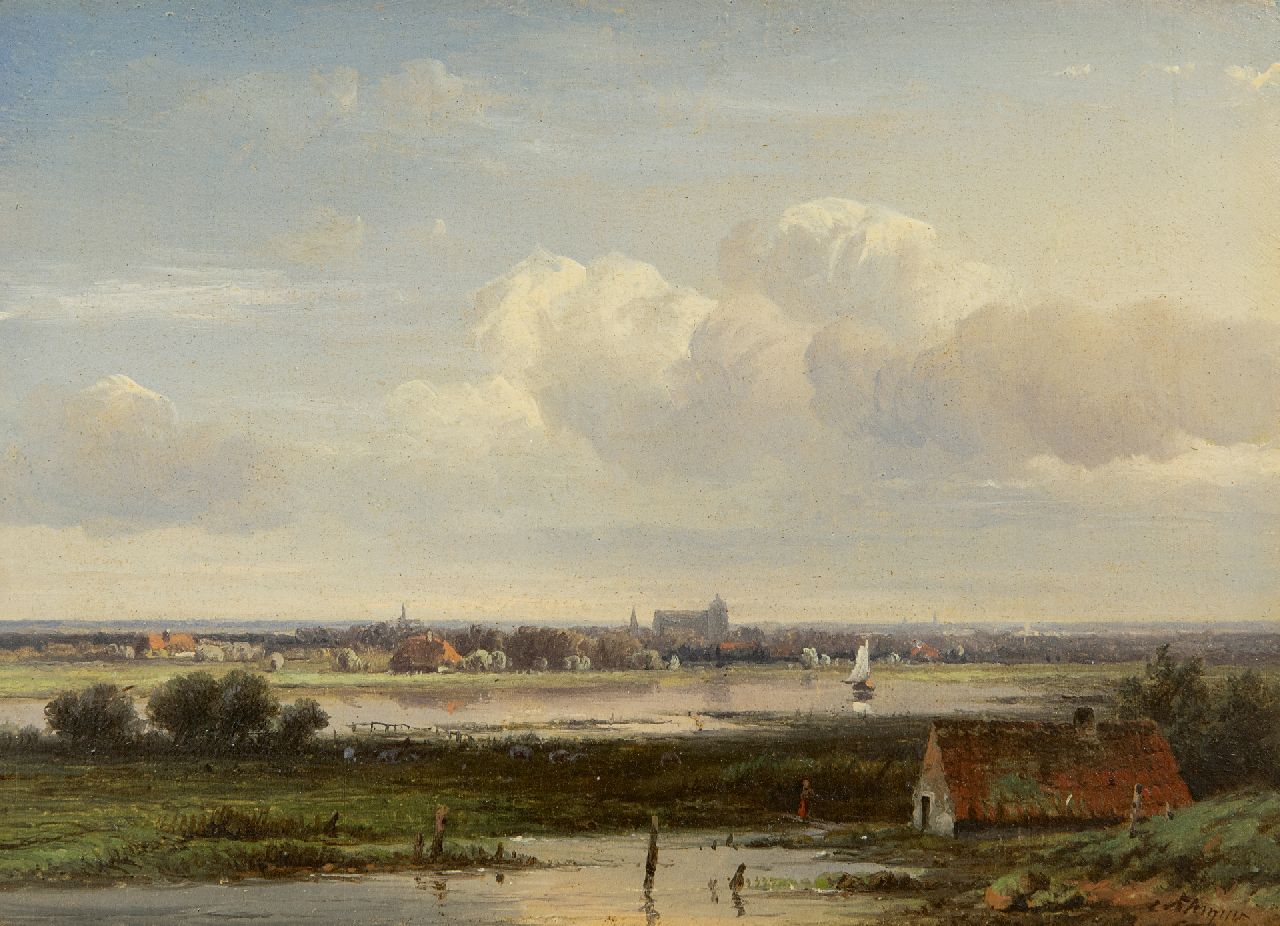 Kluyver P.L.F.  | 'Pieter' Lodewijk Francisco Kluyver | Paintings offered for sale | Vast river landscape with a village in the distance, oil on panel 13.6 x 18.4 cm, signed l.r.