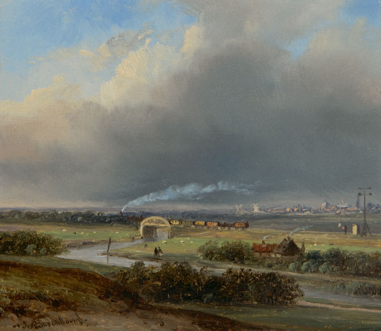 Roosenboom N.J.  | Nicolaas Johannes Roosenboom | Paintings offered for sale | A panoramic landscape with a steam train in the distance, oil on panel 13.7 x 15.8 cm, signed l.l.