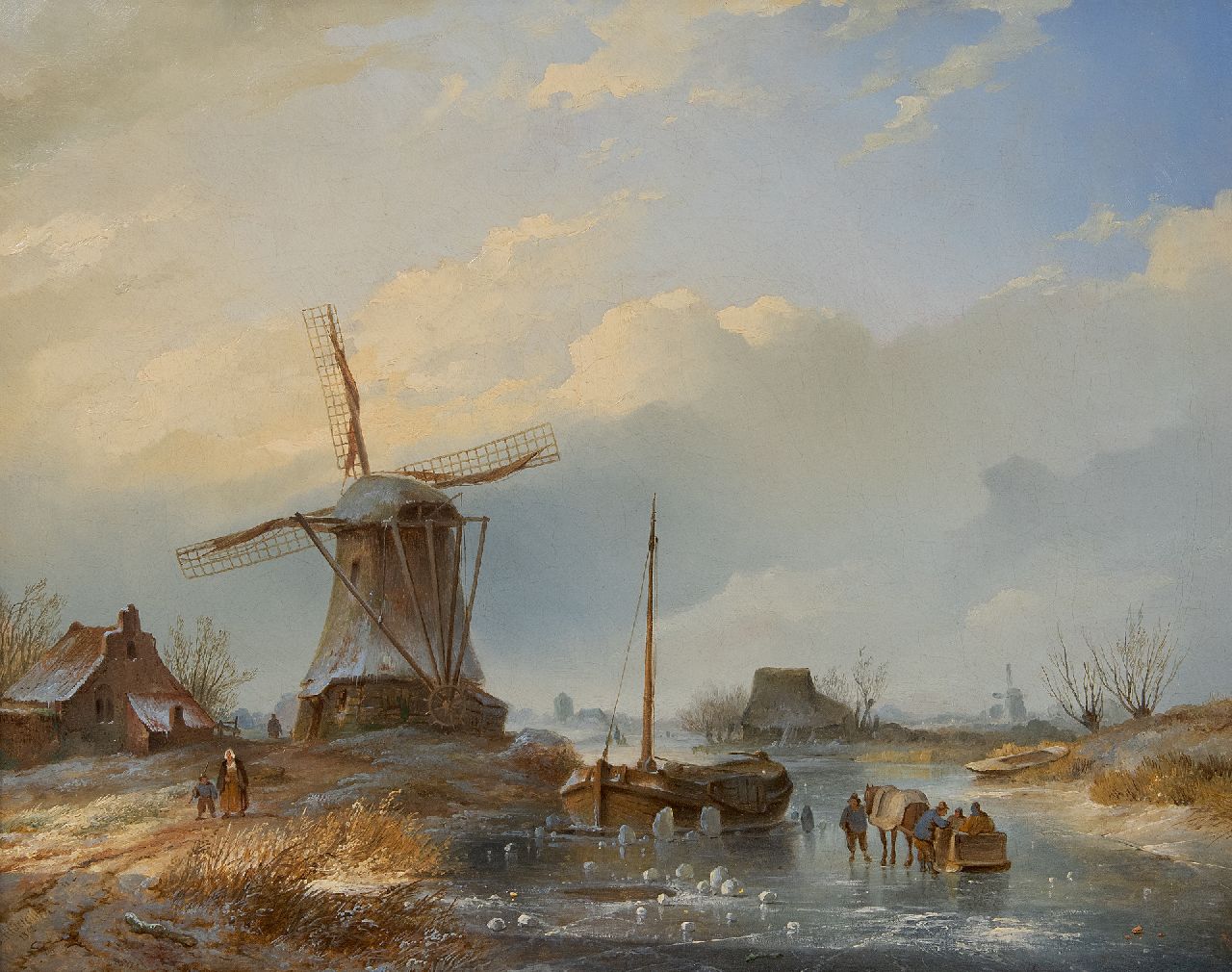 Hilverdink J.  | Johannes Hilverdink, A cold winter´s day with figures on the ice near a windmill, oil on canvas 40.0 x 50.5 cm, signed l.l. and dated 1842