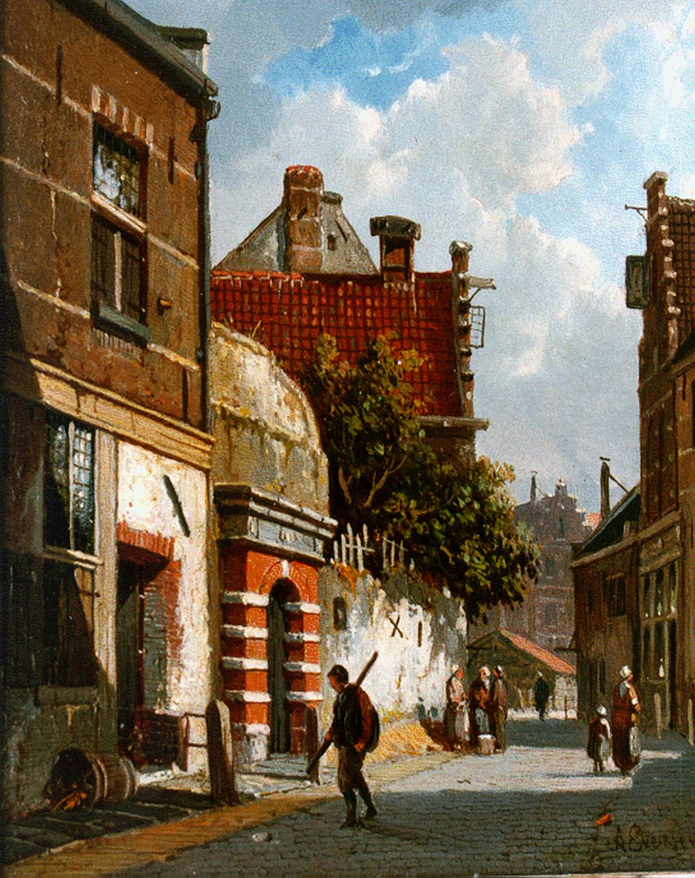 Eversen A.  | Adrianus Eversen, A sunlit street, oil on panel 19.0 x 15.1 cm, signed l.r.