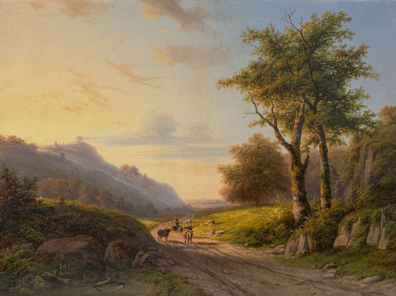 Vijver W.S.P. van der | Willem Simon Petrus van der Vijver | Paintings offered for sale | A hilly landscape with a cowherd at late afternoon, oil on canvas 39.6 x 52.5 cm, signed l.r. and dated 1851