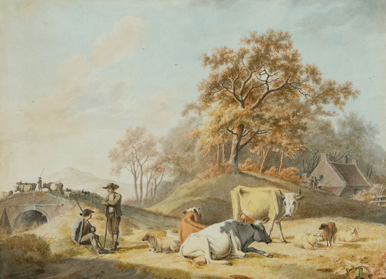 Koekkoek B.C.  | Barend Cornelis Koekkoek | Watercolours and drawings offered for sale | Arcadian landscape with shepherds and cattle, ink and watercolour on paper 26.7 x 37.5 cm, signed l.l. and ca 1824