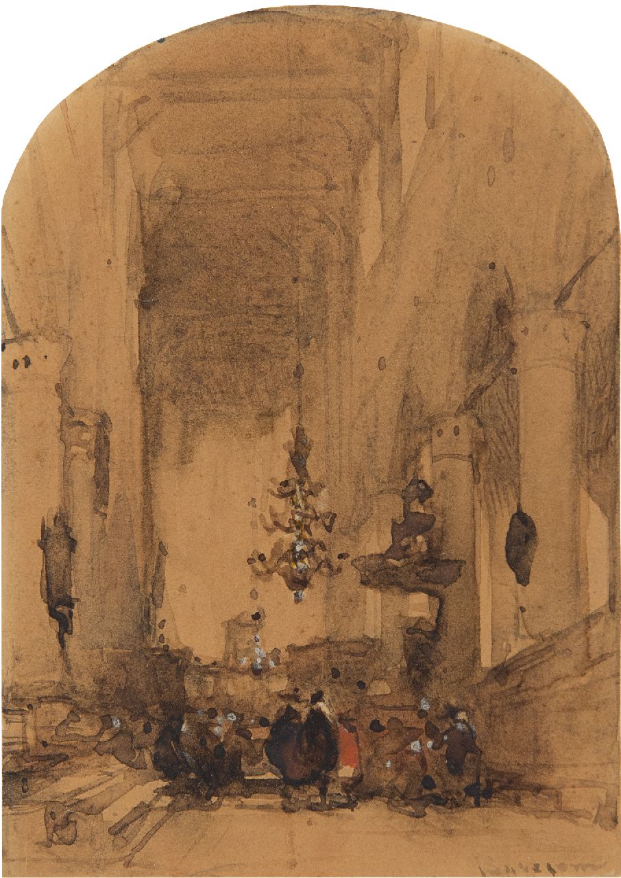 Bosboom J.  | Johannes Bosboom | Watercolours and drawings offered for sale | Figures in the Pieterskerk, Leiden, ink and watercolour on paper 11.9 x 8.4 cm, signed l.r.
