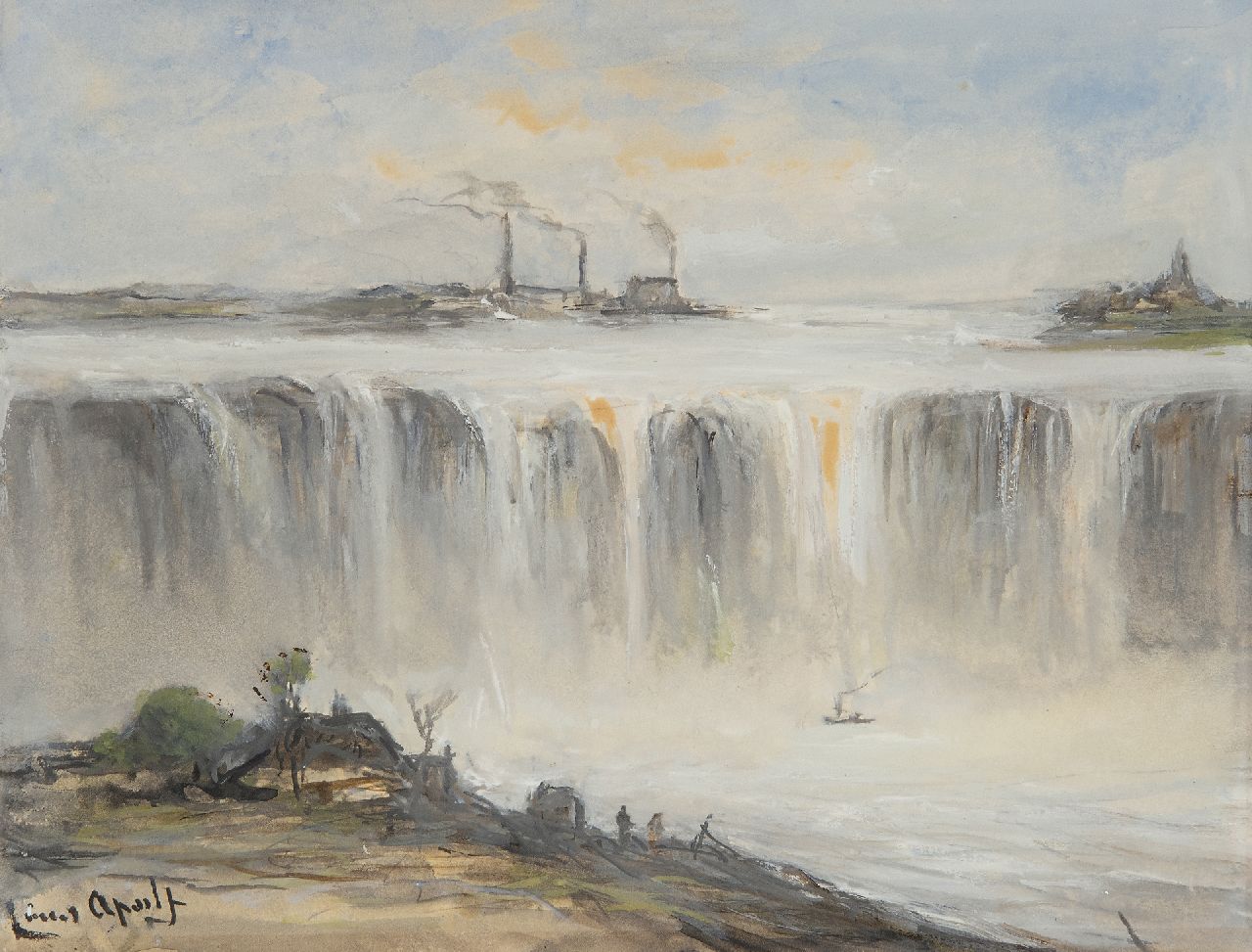 Apol L.F.H.  | Lodewijk Franciscus Hendrik 'Louis' Apol | Watercolours and drawings offered for sale | The Niagara falls, watercolour and gouache on paper 15.0 x 19.8 cm, signed l.l. and dated 1895 on the reverse