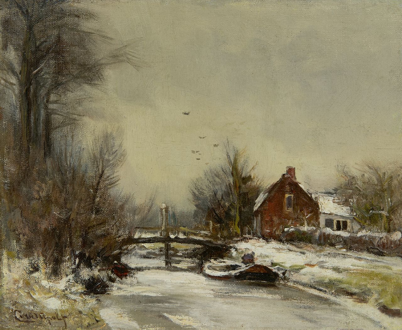 Apol L.F.H.  | Lodewijk Franciscus Hendrik 'Louis' Apol | Paintings offered for sale | Winter landscape with a house on a canal, oil on board 25.1 x 30.5 cm, signed l.l.