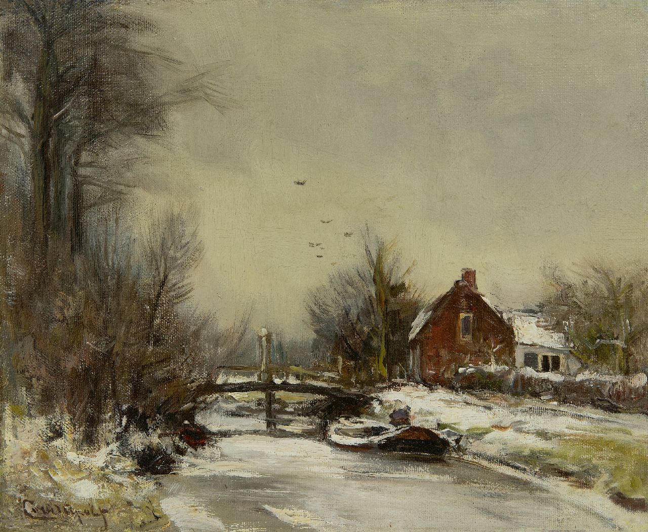 Apol L.F.H.  | Lodewijk Franciscus Hendrik 'Louis' Apol, Winter landscape with a house on a canal, oil on board 25.1 x 30.5 cm, signed l.l.