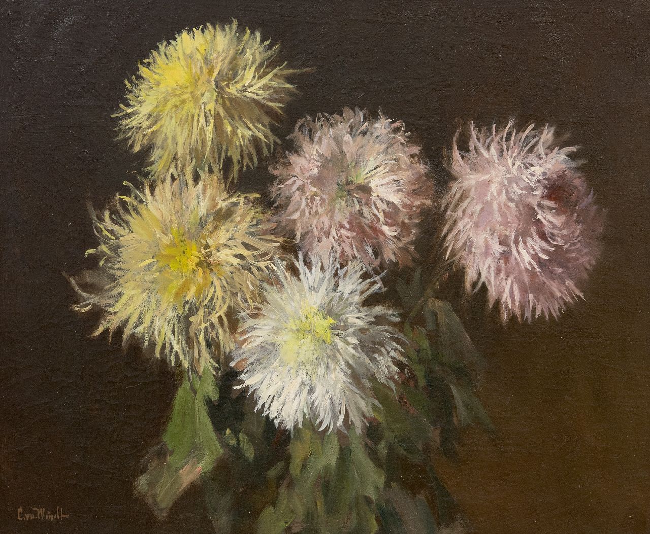 Windt Ch. van der | Christophe 'Chris' van der Windt | Paintings offered for sale | Chrysanthemums, oil on canvas 45.2 x 55.3 cm, signed l.l.