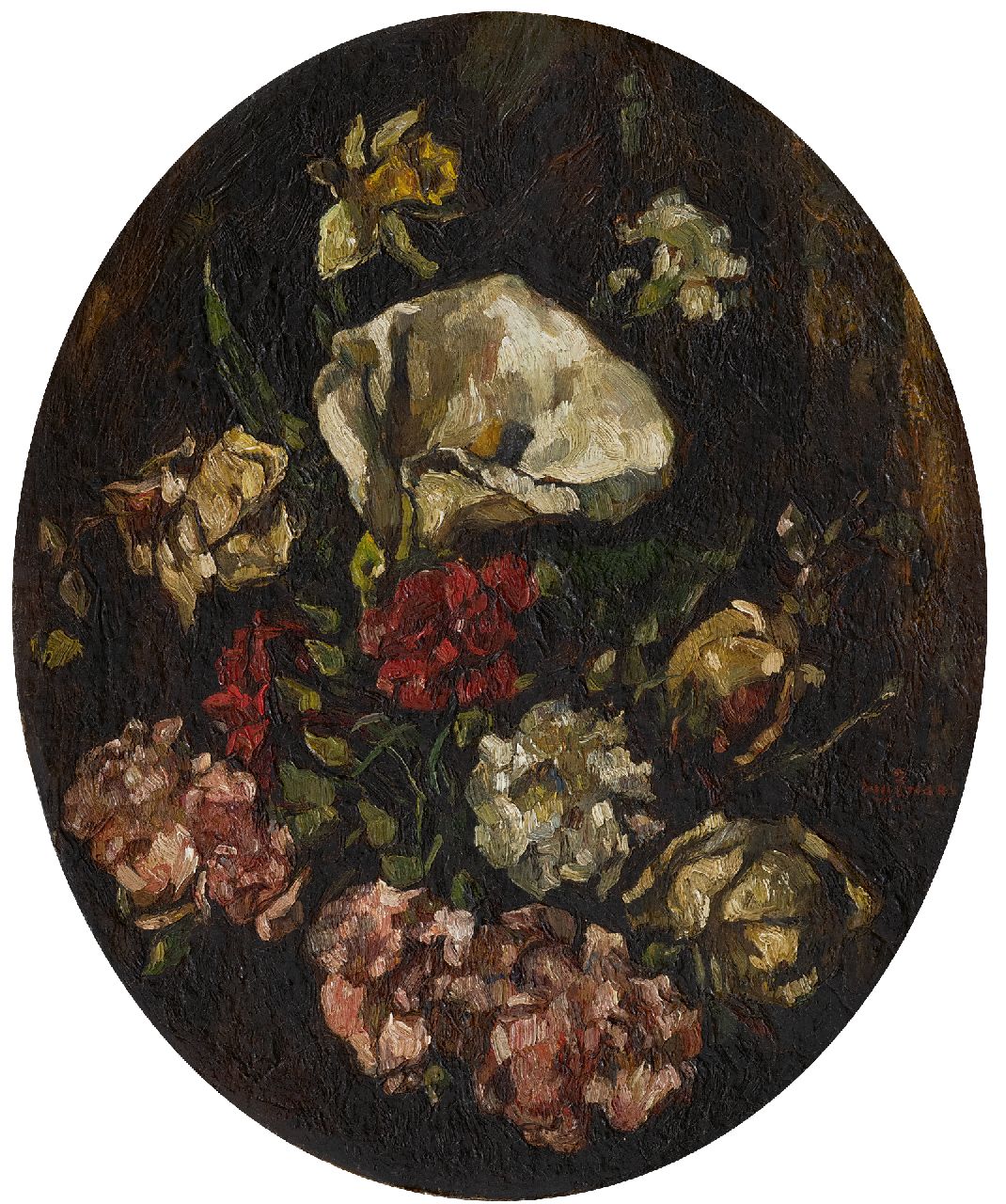 Zwart W.H.P.J. de | Wilhelmus Hendrikus Petrus Johannes 'Willem' de Zwart | Paintings offered for sale | A bouquet with an arum, narcissus and roses, oil on canvas 44.2 x 35.3 cm, signed c.r.