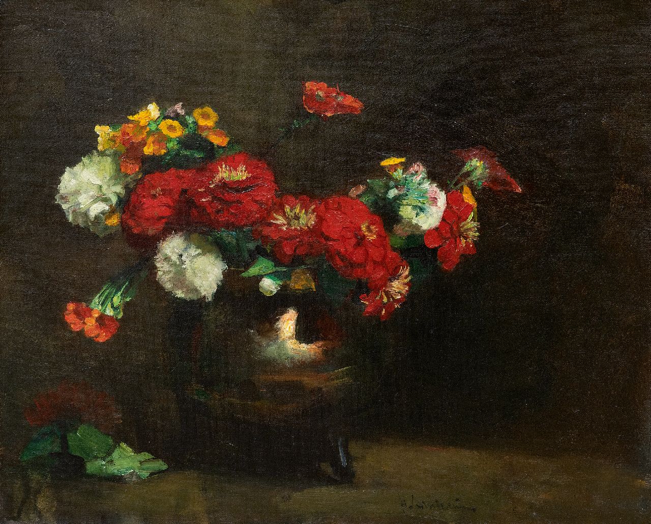 Arntzenius P.F.N.J.  | Pieter Florentius Nicolaas Jacobus 'Floris' Arntzenius | Paintings offered for sale | Zinnias in a copper vase, oil on canvas 43.0 x 50.4 cm, signed l.m.