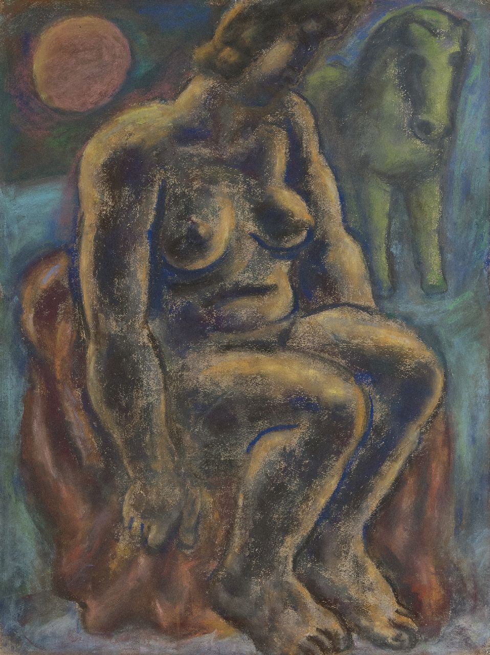 Gestel L.  | Leendert 'Leo' Gestel | Watercolours and drawings offered for sale | Seated woman with a horse, pastel on paper 63.0 x 48.0 cm, signed l.l. (indistinctly) and dated 1932 (indistinctly)