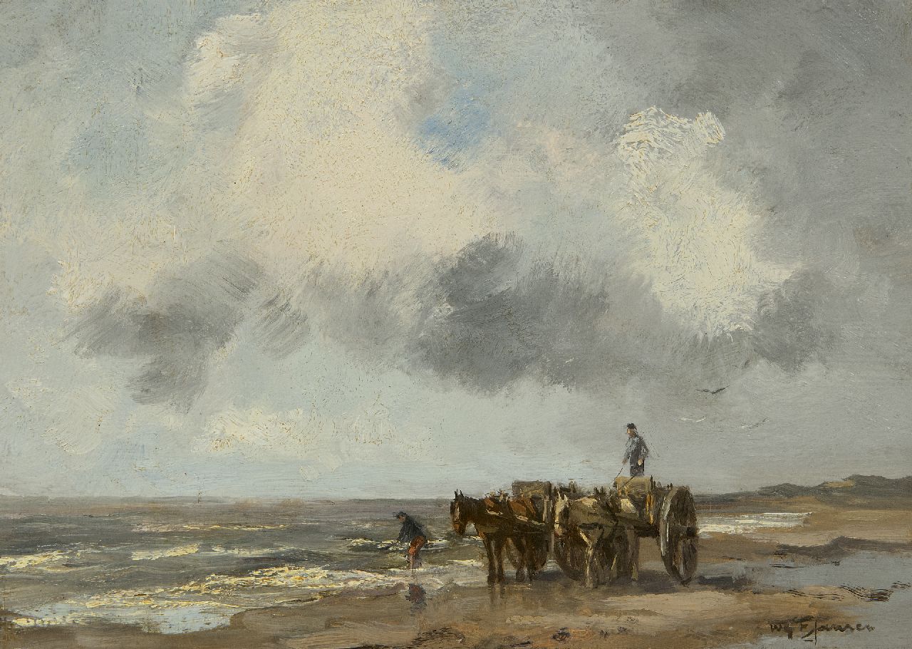Jansen W.G.F.  | 'Willem' George Frederik Jansen | Paintings offered for sale | Shell fishermen in the surf, oil on canvas 25.2 x 34.7 cm, signed l.r.