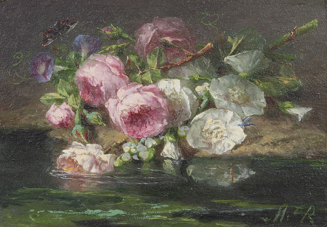 Roosenboom M.C.J.W.H.  | 'Margaretha' Cornelia Johanna Wilhelmina Henriëtta Roosenboom, Roses on the forest floor, oil on panel 9.0 x 12.9 cm, signed l.r. with initials