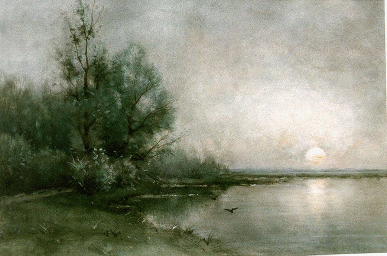 Rossum du Chattel F.J. van | Fredericus Jacobus van Rossum du Chattel, A lake at sunset, watercolour on paper 32.2 x 49.4 cm, signed l.l.