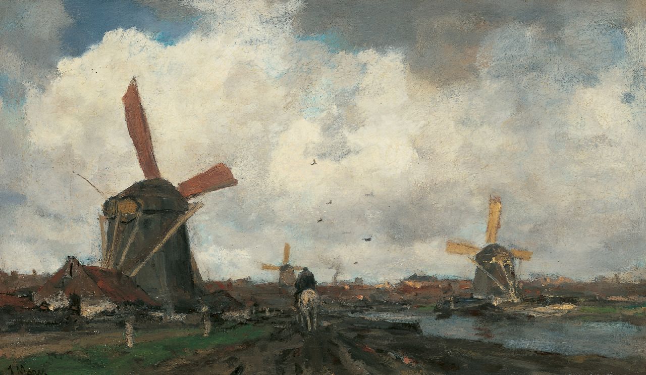 Maris J.H.  | Jacobus Hendricus 'Jacob' Maris, Windmills along a canal, oil on canvas 38.3 x 64.9 cm, signed l.l.