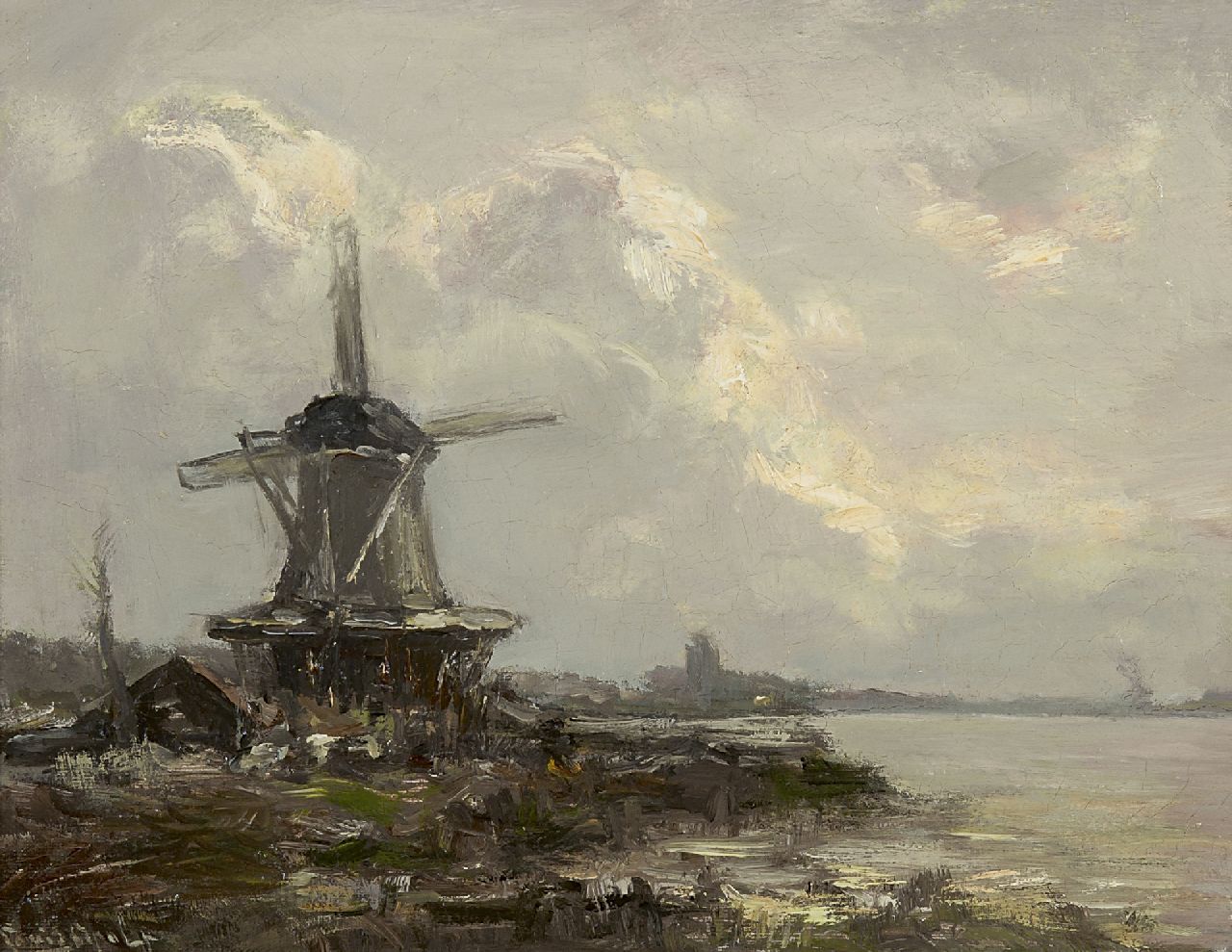 Apol L.F.H.  | Lodewijk Franciscus Hendrik 'Louis' Apol, A windmill on the river Vliet, oil on canvas 25.3 x 32.5 cm, signed l.l.