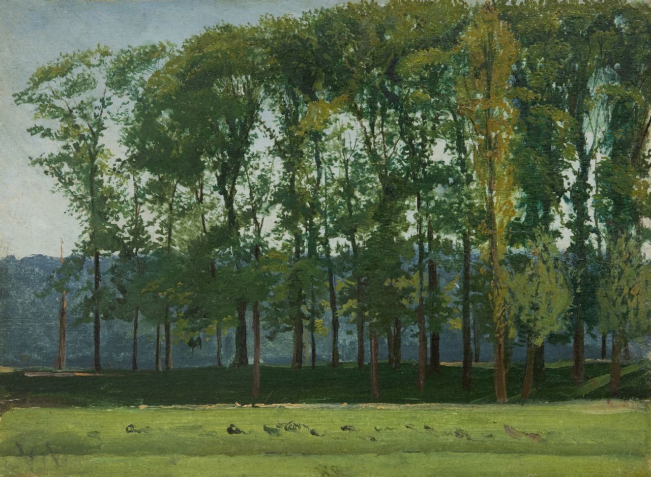 Roelofs W.  | Willem Roelofs, Row of poplars, oil on panel 26.0 x 35.2 cm, signed l.l. with initials and painted ca. 1851-1855