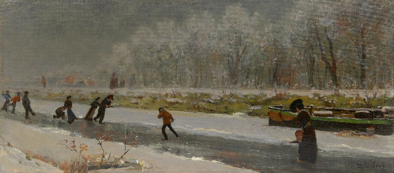 Daniël Jordens | Skaters on a frozen river, oil on canvas laid down on board, 27.3 x 59.8 cm, signed l.r. and dated 1909