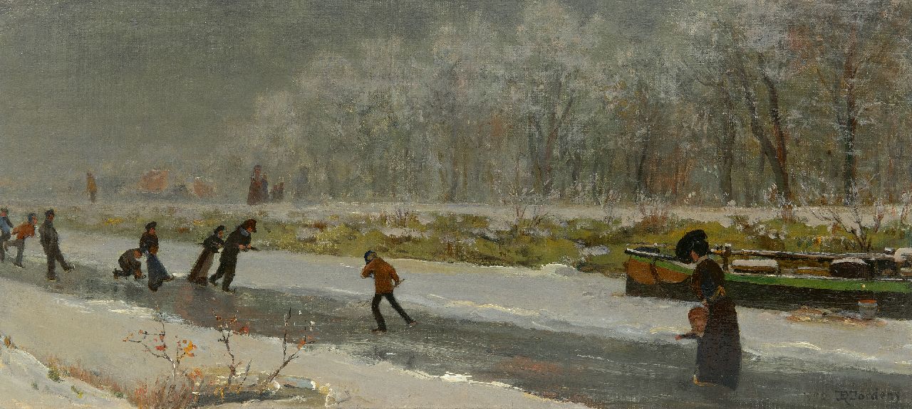 Jordens D.  | Daniël Jordens | Paintings offered for sale | Skaters on a frozen river, oil on canvas laid down on board 27.3 x 59.8 cm, signed l.r. and dated 1909