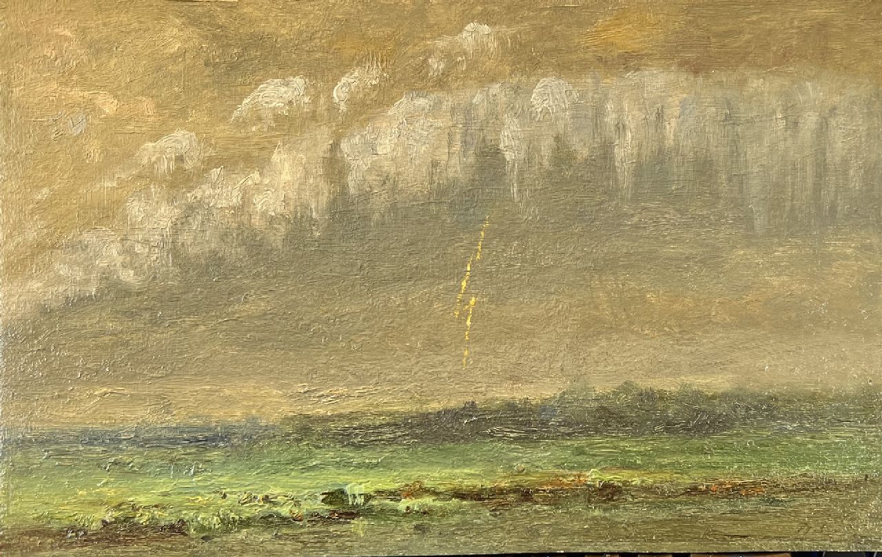 Europese School, 19e eeuw | Thunderstorm over a landscape, oil on painter's board, 20.4 x 31.8 cm, gesigneerd r.o. (vaag)