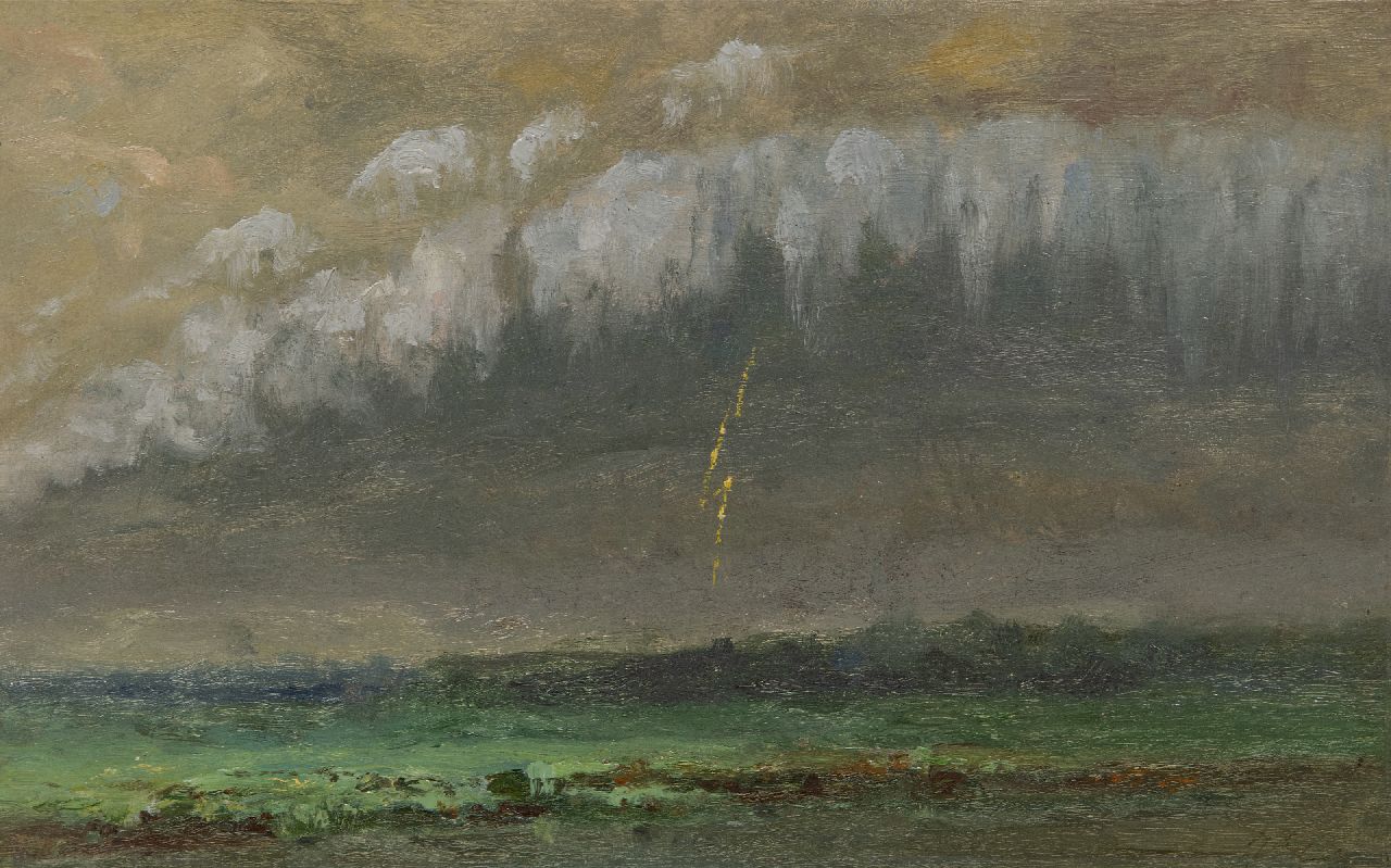 Europese School, 19e eeuw | Thunderstorm over a landscape, oil on painter's board, 20.4 x 31.8 cm, gesigneerd r.o. (vaag)