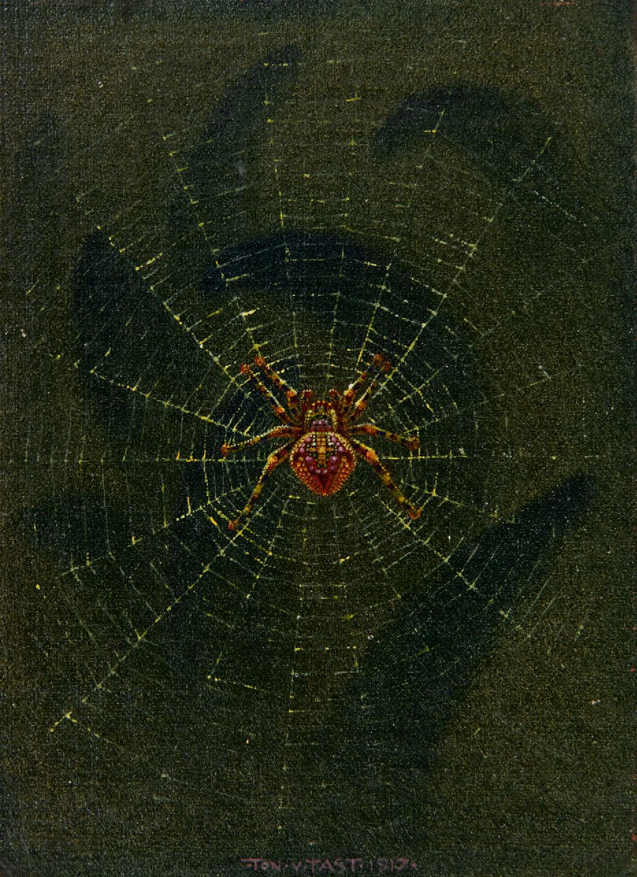 Ton van Tast | Spider in a web, oil on canvas laid down on panel, 17.5 x 13.0 cm, signed l.m. and dated 1917